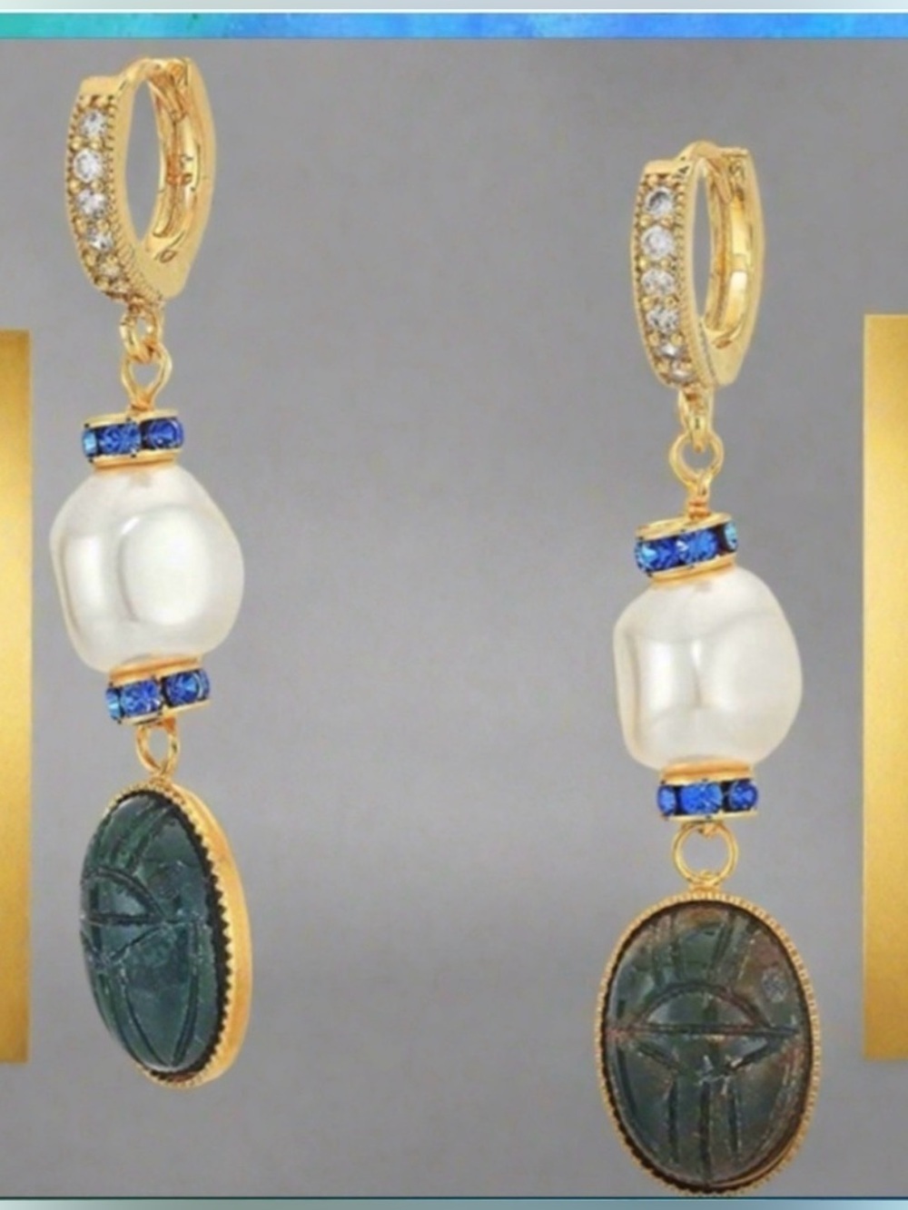 NWT Shashi Harlow Gold Pearl Green Stone Drop Earrings - Picture 1 of 6